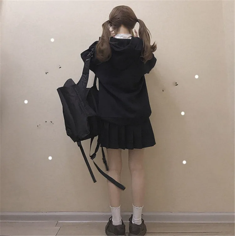 Harajuku Kawaii аниме девушка с капюшоном Толстовка японский Винтаж милый черный флис толстовка с рисунком женский объемный пуловер