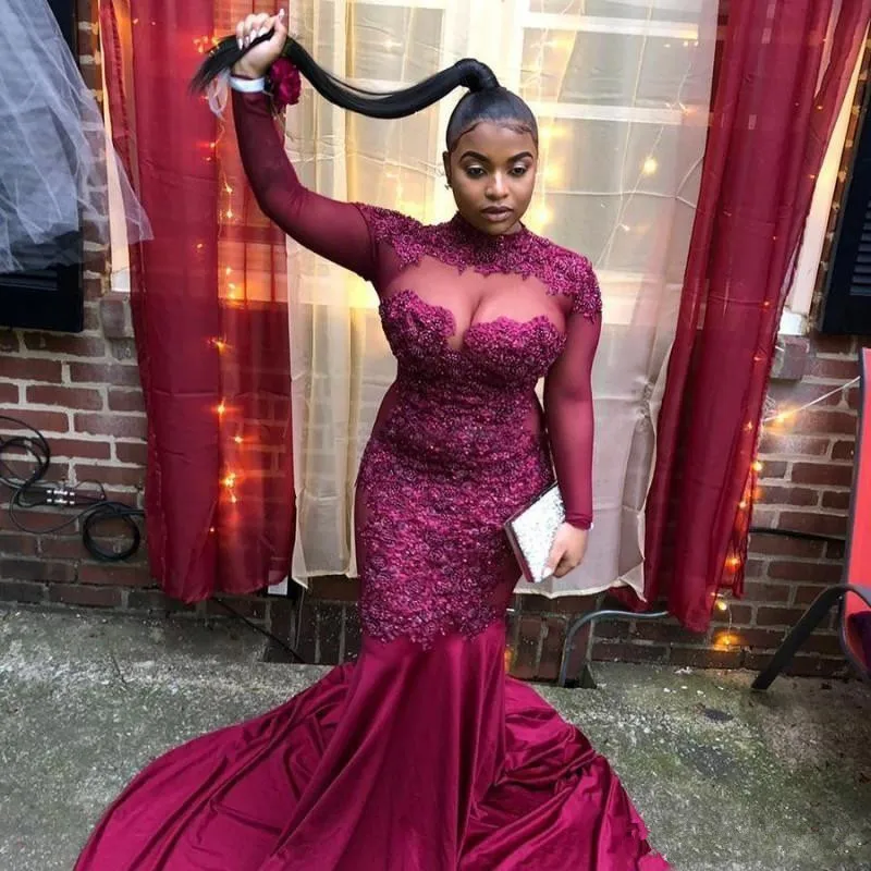

Mermaid Prom Dresses Plus Size Appliques High Neck Sequined Evening Gowns Illusion Long Sleeves Women Party Dress Vestidos 2020