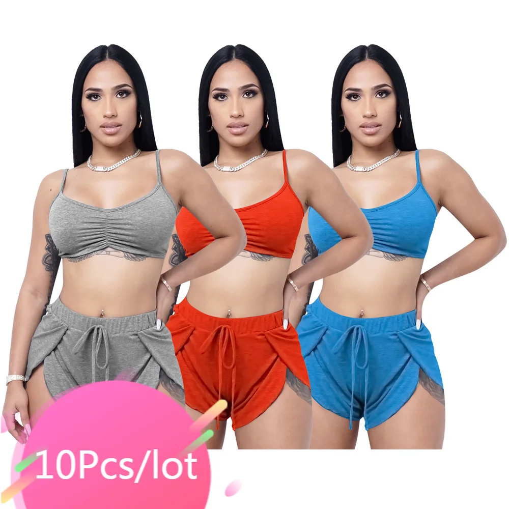

Bulk Items Wholesale Lots 2 Piece Sets Womens Outfits Spaghetti Strap Crop Tops Drawstring Ruched Jogger Shorts Sporty Clothing