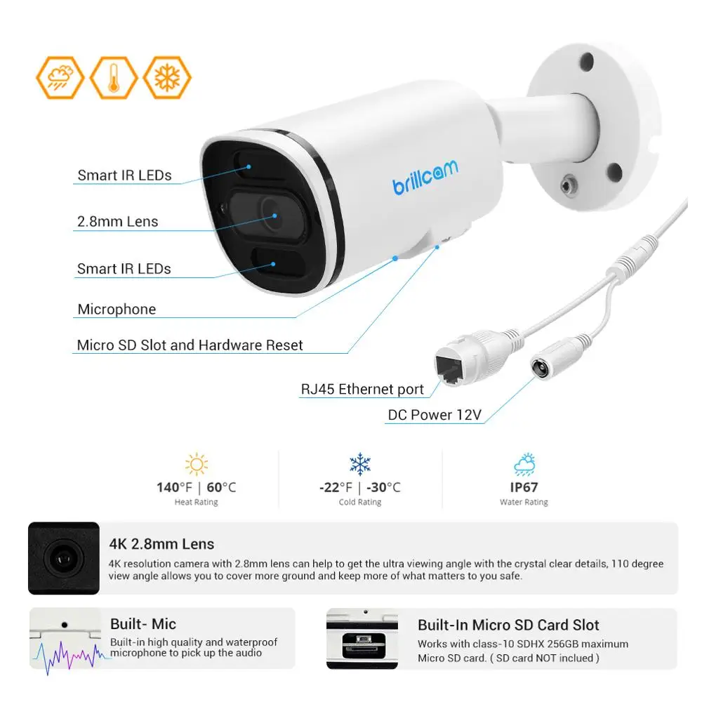 IP камера Brillcam 8 Мп UHD инфракрасная цилиндрическая с объективом 2 мм PoE IP67