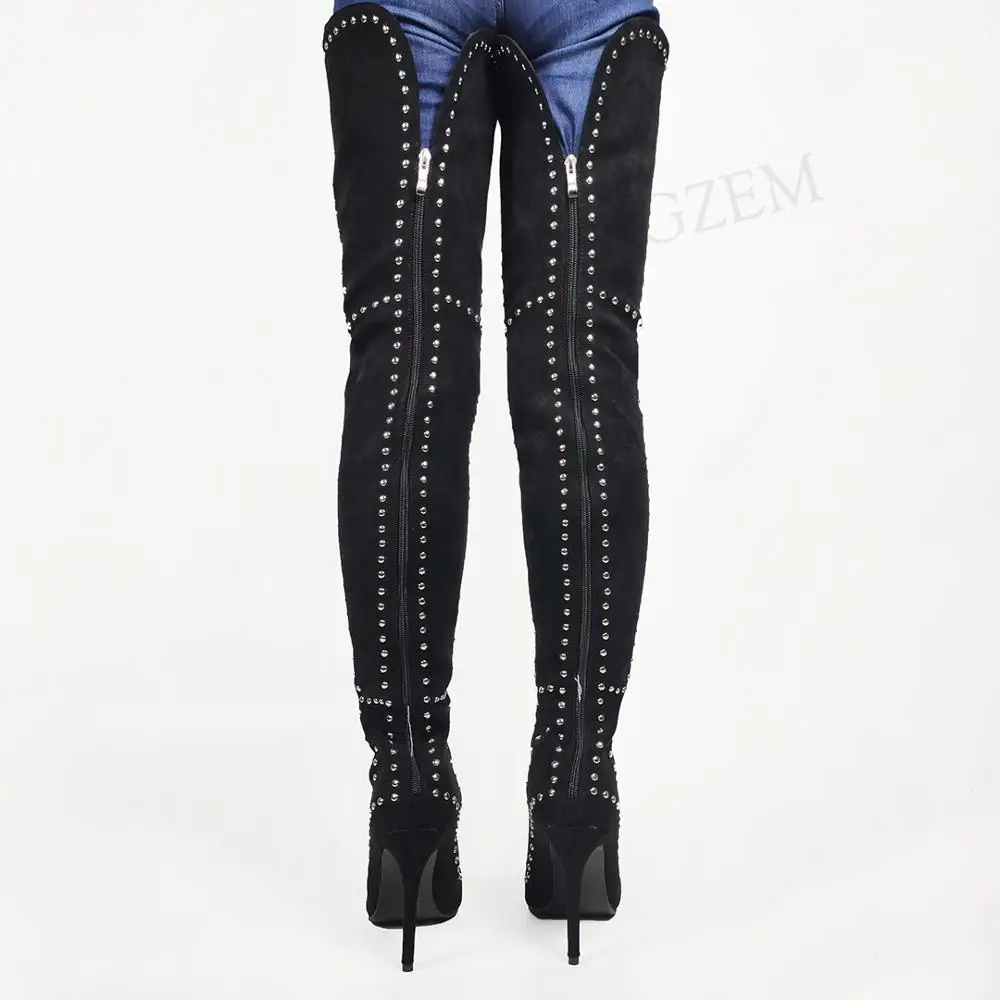 DOBANER Женские сапоги выше колена с шипами Черные тонкие туфли на высоком каблуке