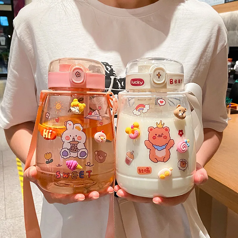 

Cute Water Bottle Cartoon Straw Plastic Kids Cup BPA-Free Outdoor Transparent Juice Drinking Cup Suitable for Adult Children