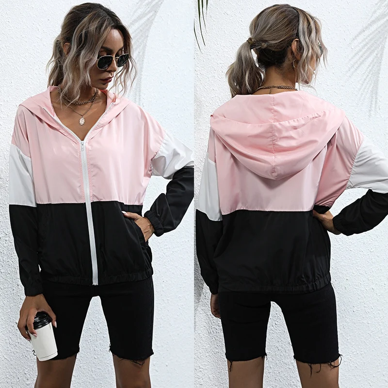 

Women Long Sleeve Patchwork Thin Hooded Zipper Pockets Sport Coat Autumn Jacket Coat