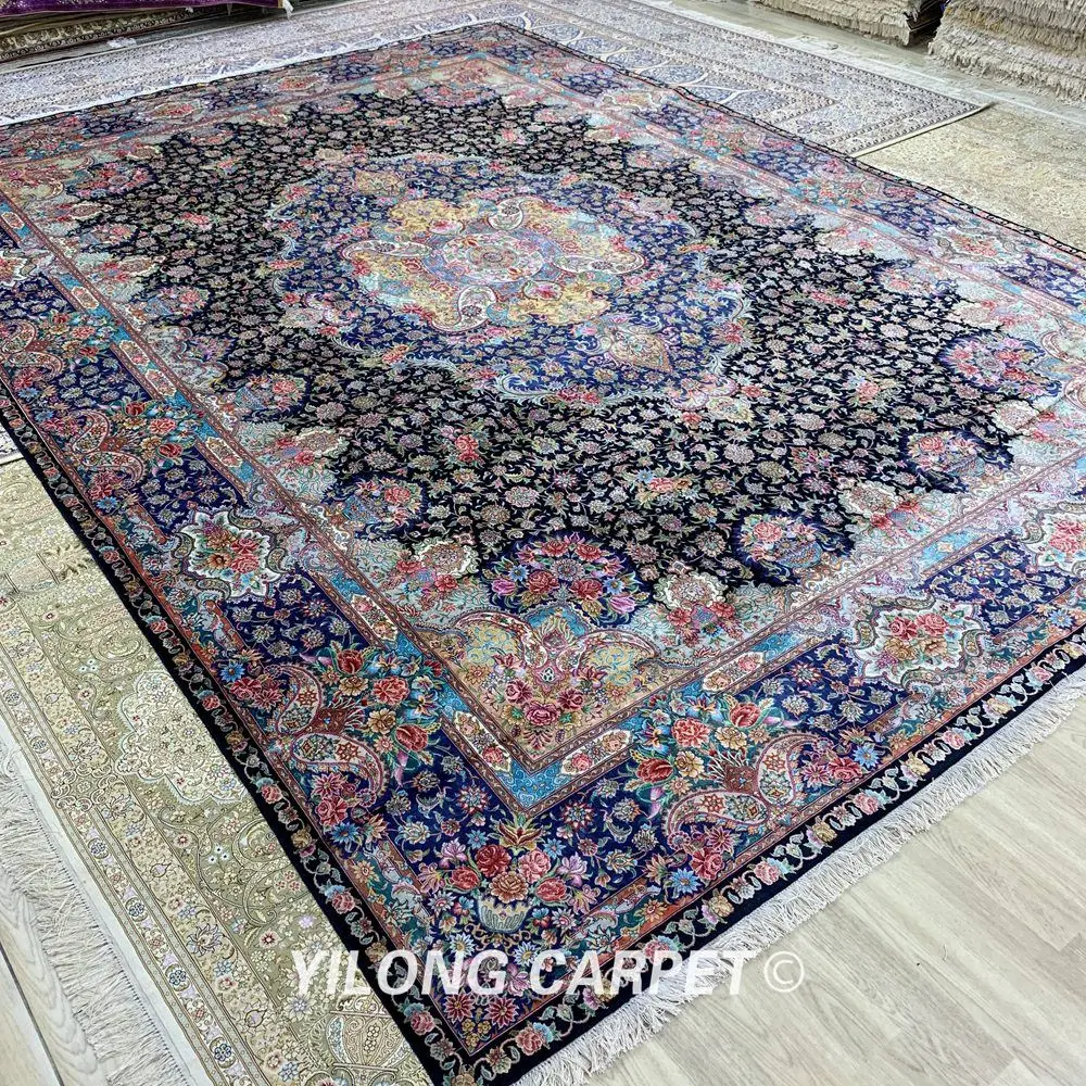 Goedkoop YILONG 10'x14' Handgemaakte Turkije Grote Zijden Kleed Blauw Medaillon Luxe Exquisite Tapijt (ZSH007A)