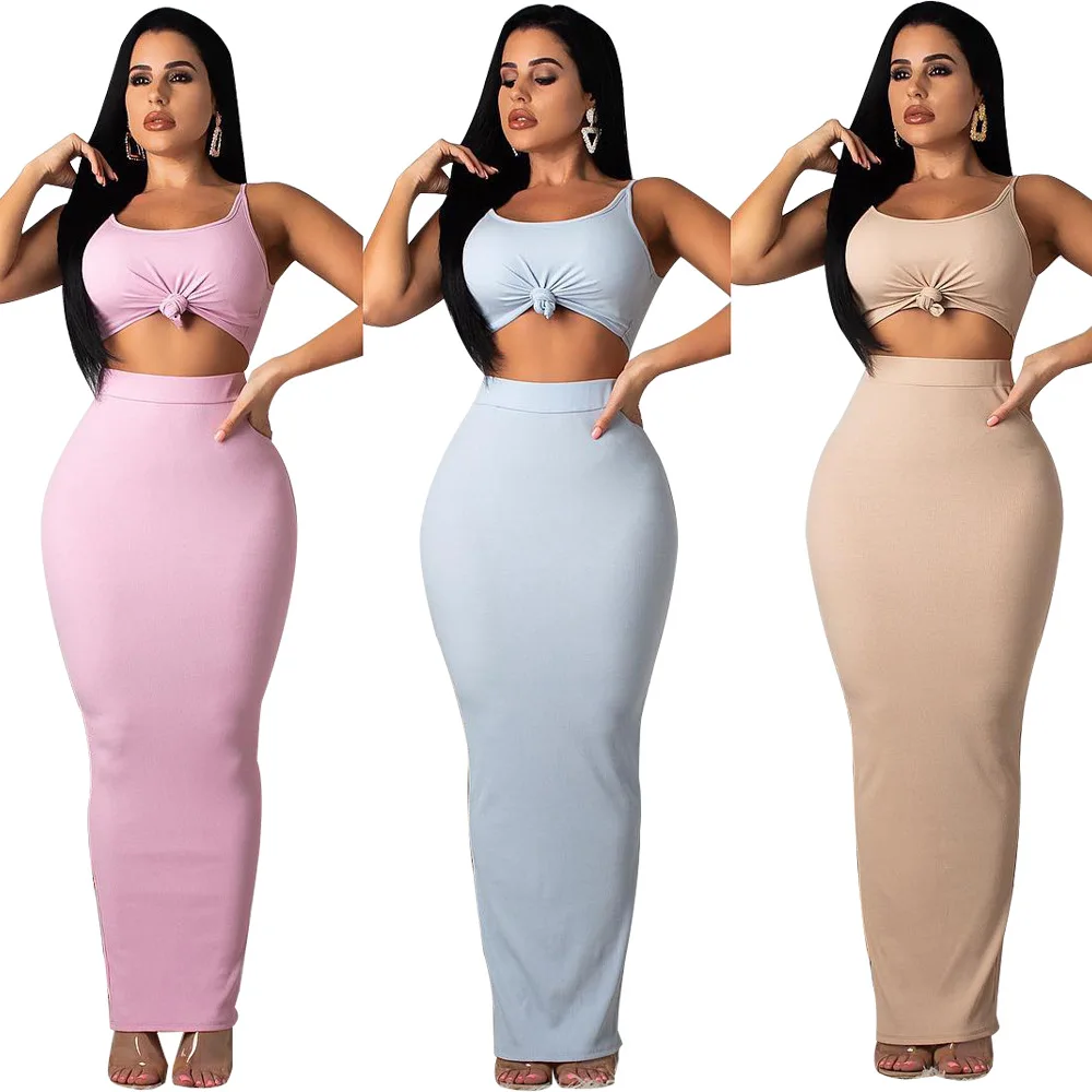 

2020 Summer Women's Suit European and American Hot Style Model Solid-color Spaghetti Strap Sleeveless Crop Top & Maxi Dress