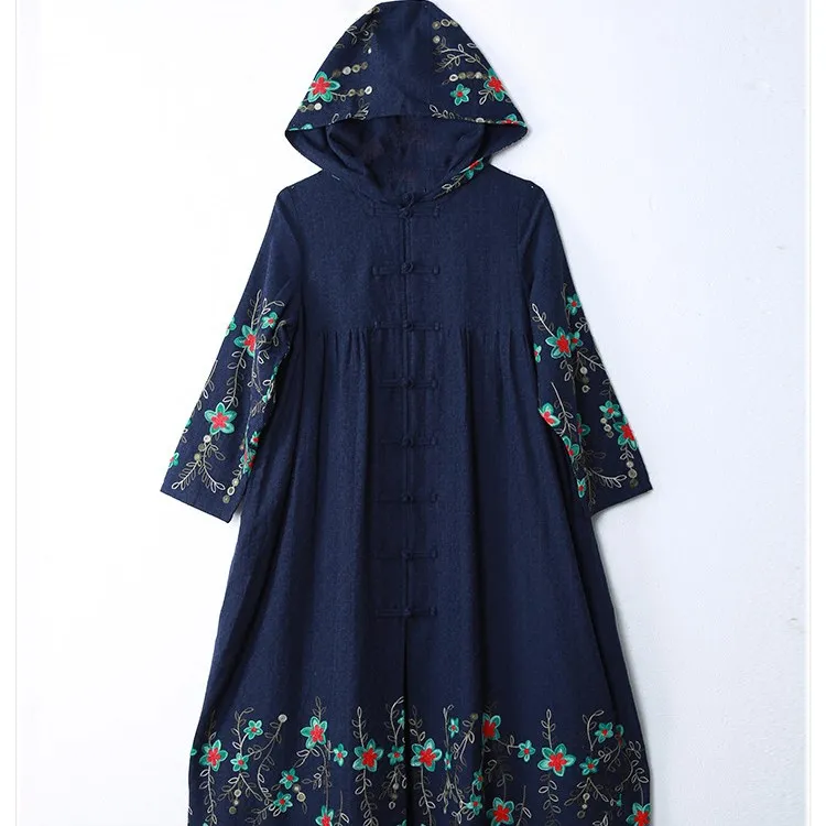 Винтажные женские хлопковые пальто китайский длинный плащ ветровка с капюшоном