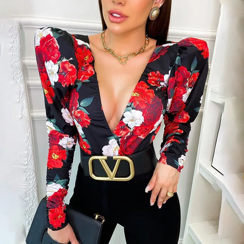 CNYISHE Print Deep V Neck Bodysuit Women Sexy Puff Sleeve Bodycon Jumpsuit Elastic Casual Party Spring Romper Body Tops Overalls red bodysuit