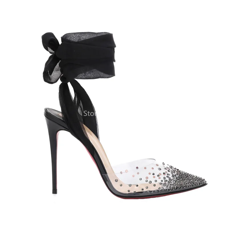 Женские сандалии с острым носком на высоком каблуке со шнуровкой и бантом сзади