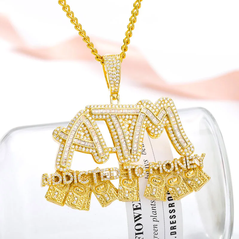 

Iced Out Letters ATM Addicted To Money Pendant Necklaces AAA Cubic Zircon Men's Hip Hop Jewelry Gifts Punk Pendant&Necklace