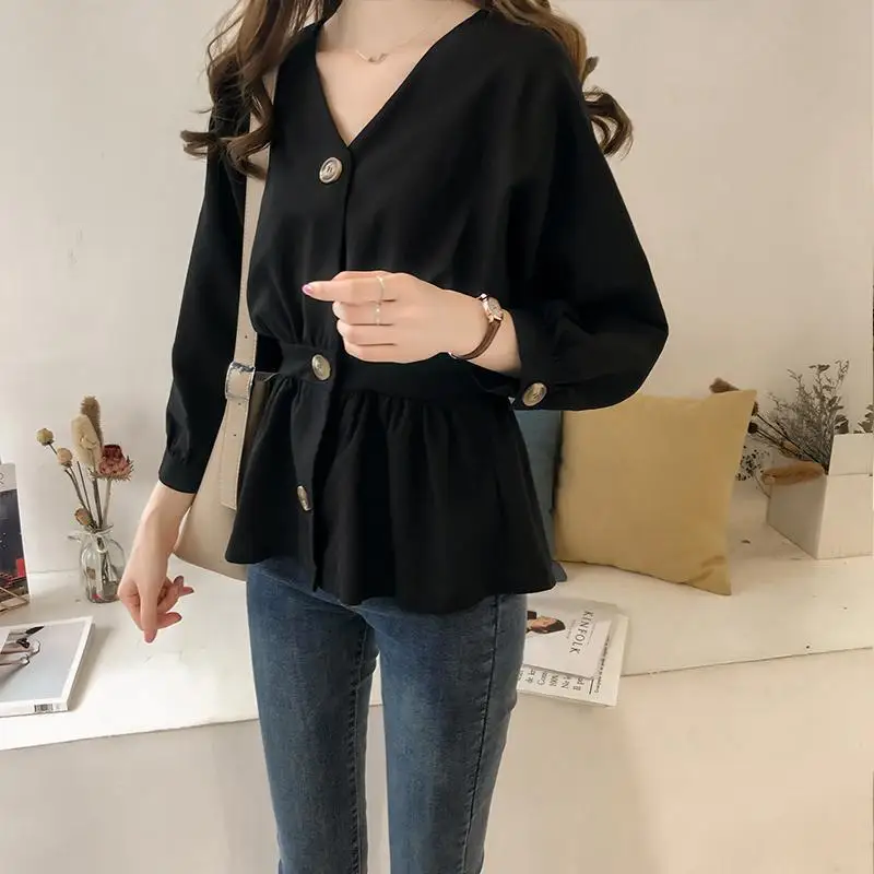 

OL Shirts Trendy Women Solid V-neck Blouses Button High Waist Elegant Chic Korean Style Casual All-match Simple Popular Vintage