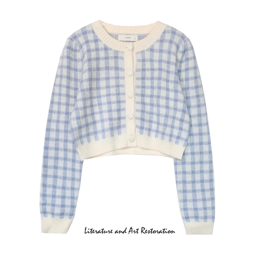 

Женский винтажный свитер в клетку, осенние свободные короткие вязаные свитера, однотонный розовый кардиган на пуговицах с длинным рукавом ...