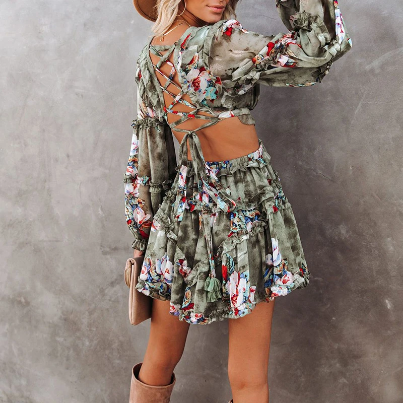 Women's V-neck Chiffon Printed Dress Halter Bow Ruffle A-shaped Hollow Folded Beach Holiday Dress Spring 2021 bathing suit cover