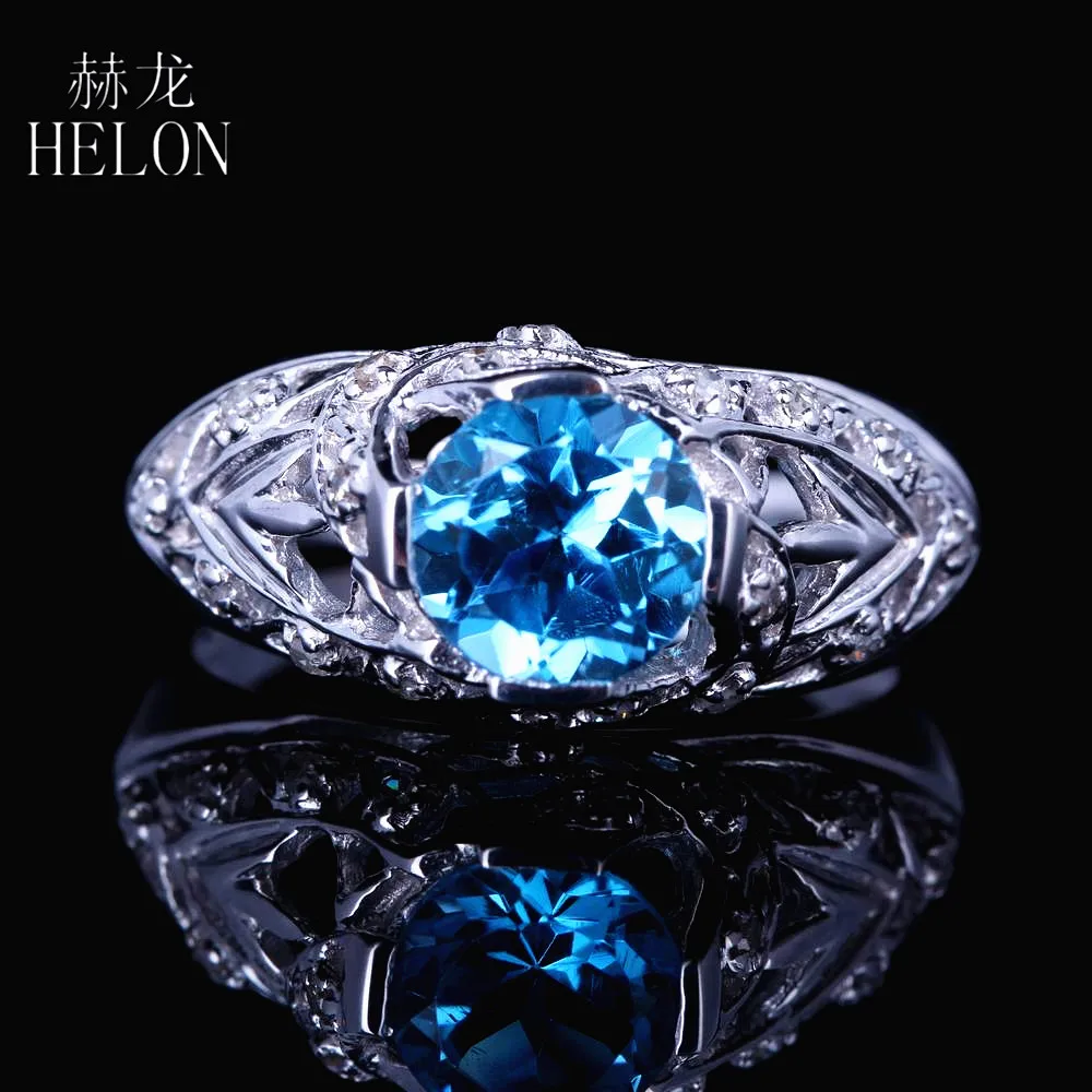 

HELON стерлингового серебра 925 безупречный круглый 1.3ct голубой топаз бриллиантами обручальное кольцо для женщин с драгоценными камнями модны...