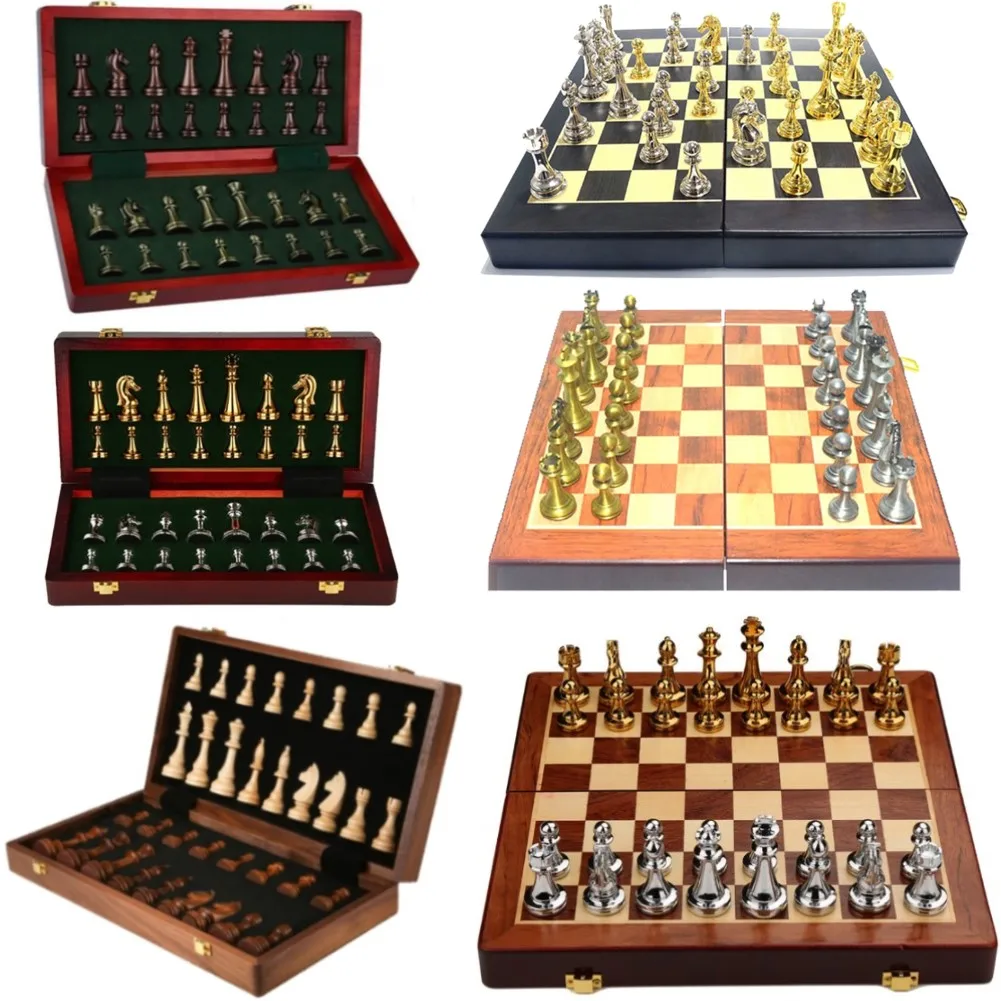 Large Wooden Metal Folding Chess Set Felted Game Board Interior Storage Adult Kids Gift Family Game Chess Board Toys for Gifts