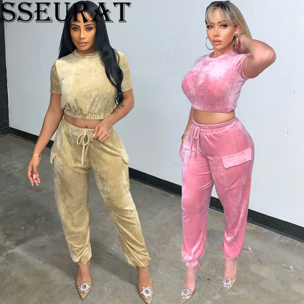 

SSEURAT Fashion Casual Solid Short Sleeve Tops and Trousers Two Piece Set For Women Simple Street Outfit Fitness Tracksuit