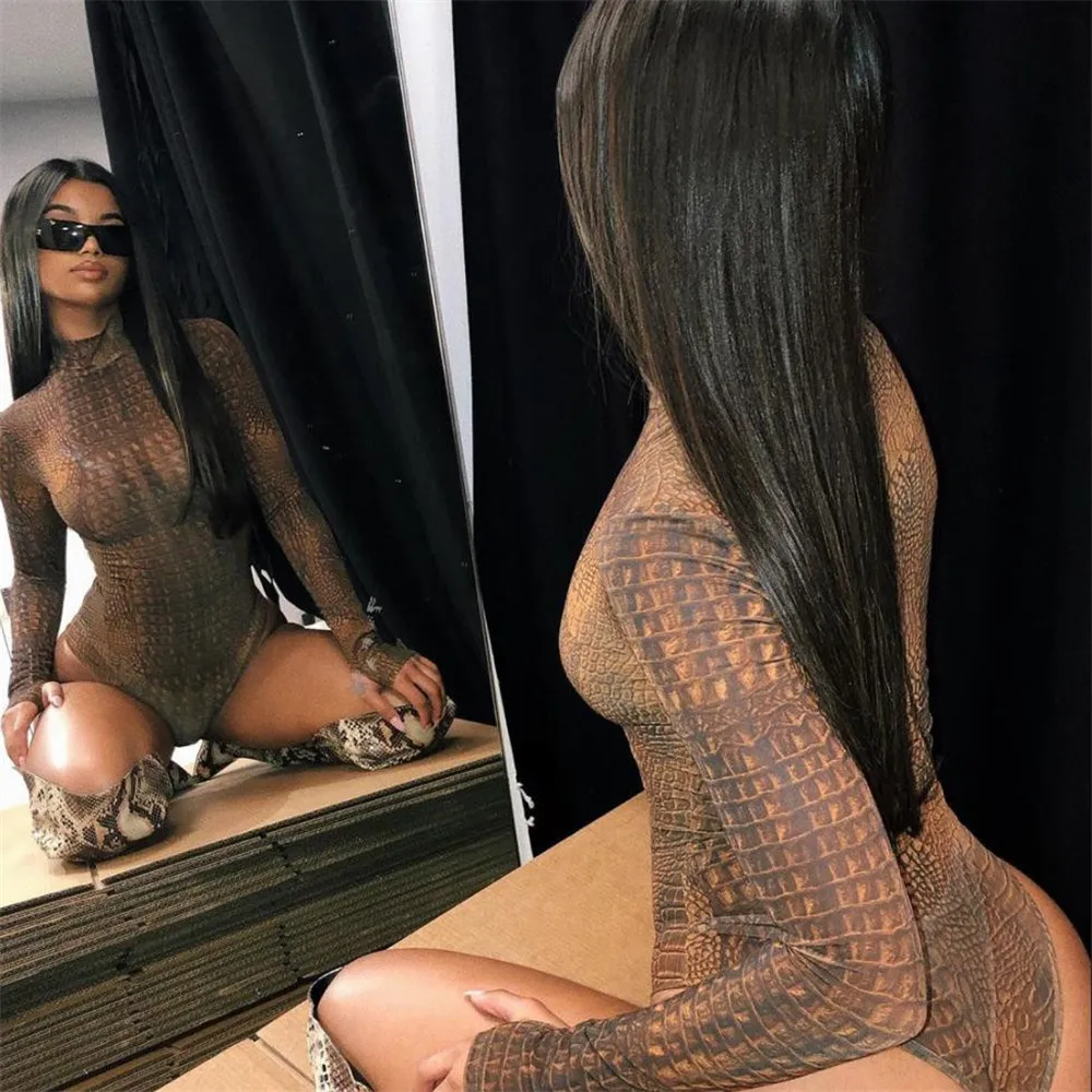 Shstyle крокодил животных печати боди с высоким горлом женщин Bodycon сексуальный дикий длинный рукав коричневые тела Женская Клубная одежда осень