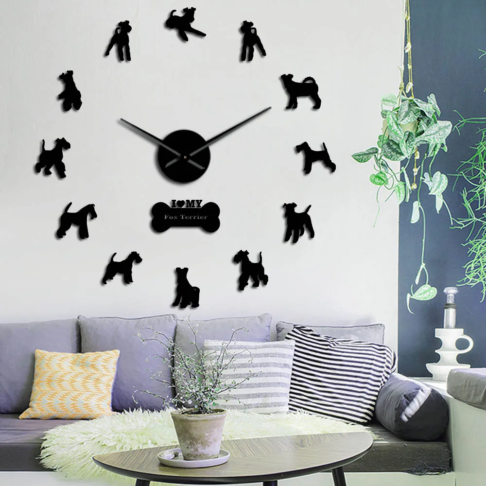

Fox Terrier Dog Silent Quartz DIY Wall Clock Dog Animal Silhouette Mirror Surface Sticker Clock Watch