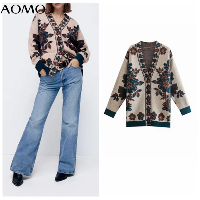 

AOMO 2021 Autumn Winter Women Vintage Flower Oversized Knitted Cardigan Sweater Jumper Button-up Female Tops 3H879A