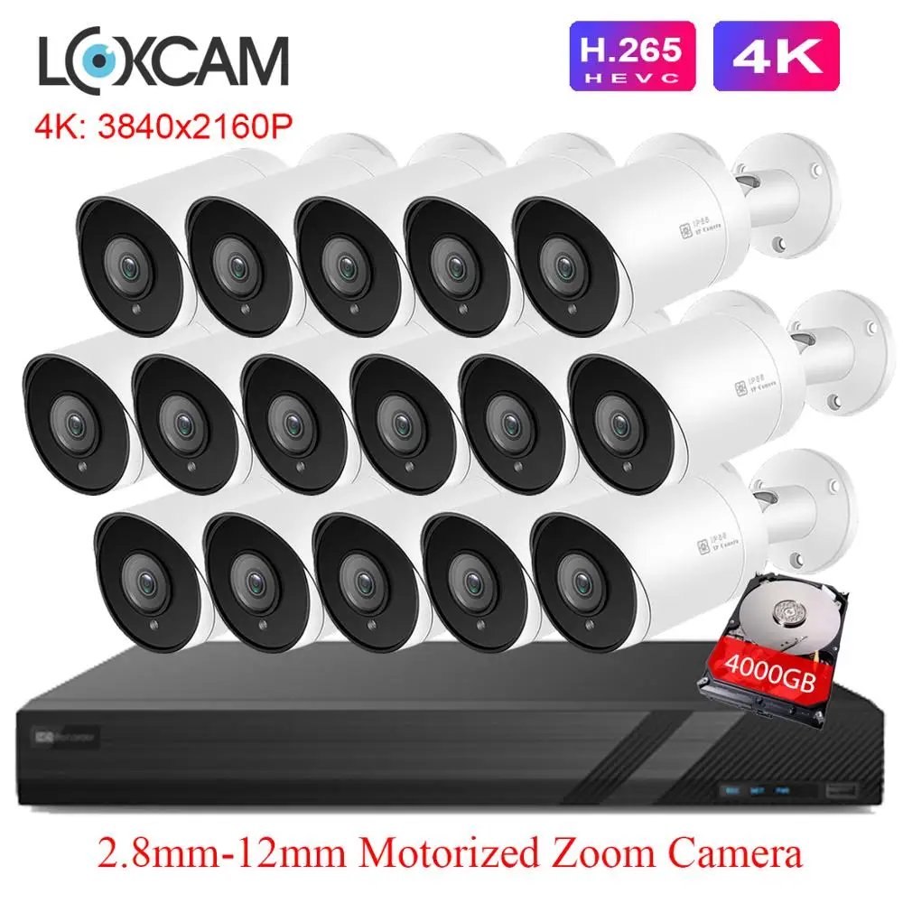 LOXCAM H.265 16 канальная система видеонаблюдения 4K POE NVR Kit SONY IMX415 8MP 2 8 мм 12