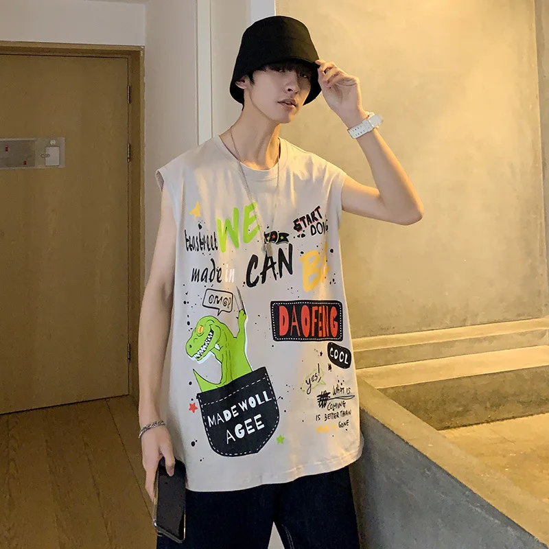 

Hip Hop Sleeveless Tops Tees Men Tank Tops Sport Casual Running Vest Male Streetwear Pullover Top Print Letter Cartoon Polyester