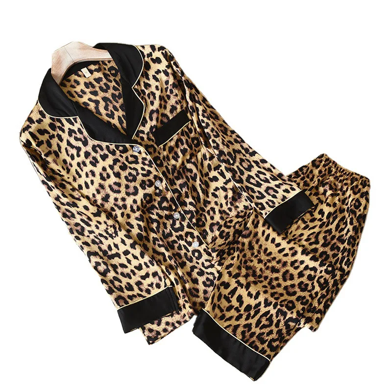 

Satin Silky Pajamas Suit Female Printed Leopard Sleepwear Nightwear Turn-down Collar 2PCS Sleep Set Pyjamas Casual Nightwear