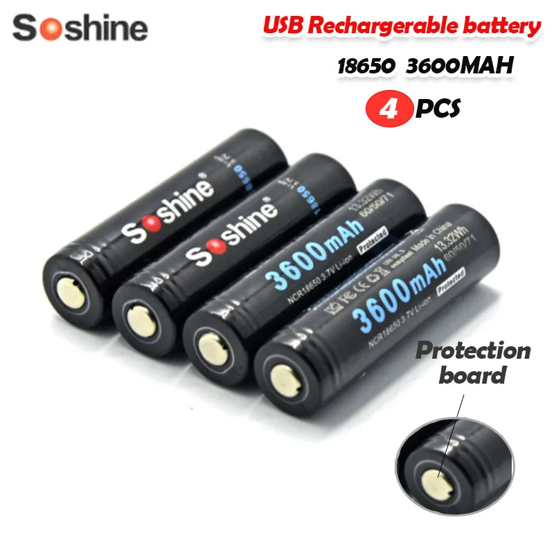 Литий ионный перезаряжаемый аккумулятор Soshine 3 7 в 3600 Вт ч мАч NCR18650 с защитой Micro Usb 4