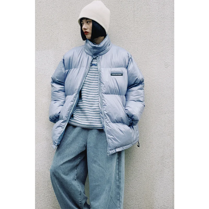 

Down Coat Women Dark Pattern Checkerboard Grid Haze Blue Winter Thickened Bread Clothes Loose Stand Collar Cotton Clothes Women