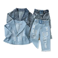 toddlers spring autumn 2pcs tracksuits denim lapel long sleeves button coat frayed ripped jeans with belt for girls 1 5years