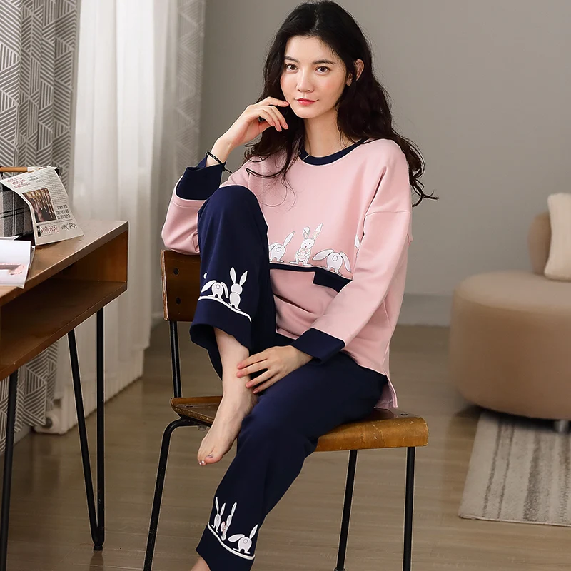 Пижамный комплект с милым принтом кролика Женская хлопковая одежда для сна