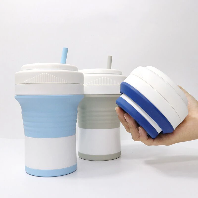 

550ml Silicone Coffee Cups With Lid Straw Outdoor Travel Portable Water Cup Mug Camping Hiking Foldable Water Bottle Handcup Mug