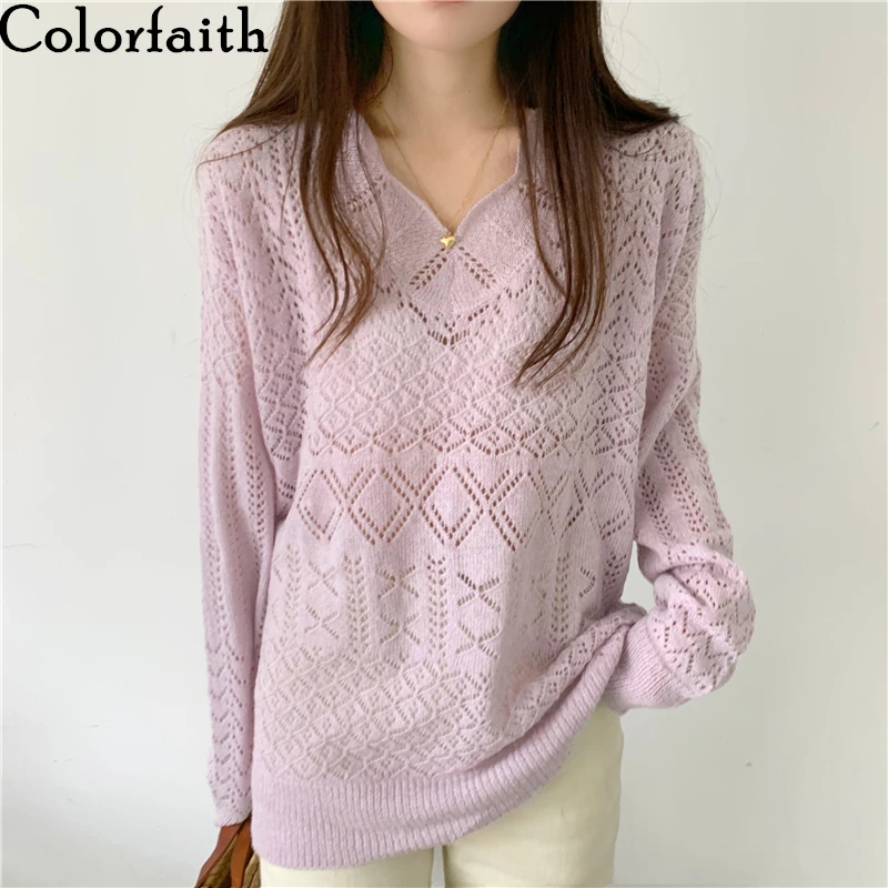 

Colorfaith New 2021 Summer Autunm Women Sweater V-Neck Pullovers Knitted Cutout Korean Style Oversize Wild Lady Jumpers SW1312JX