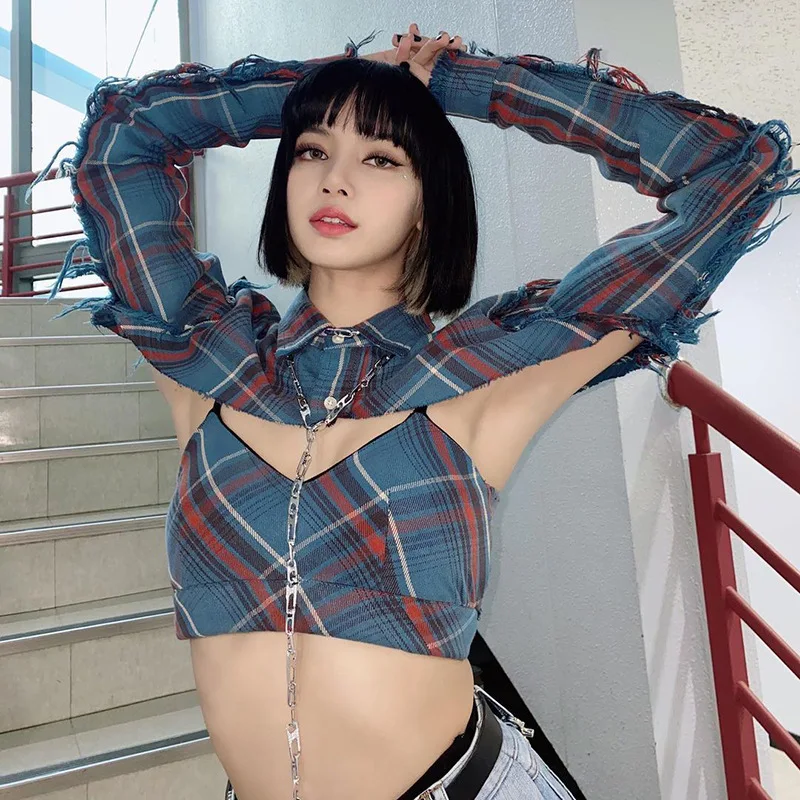 

2021 Fashion Plaid Patchwork Two-piece Clothing Women Shirt Blouse Cami Top + Cropped Cardigan Blouse Shirts Blue