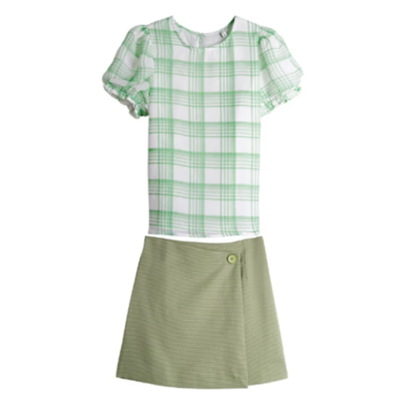 

PERHAPS U Green Plaid Shirt Mini Skirt Two Pieces Set Women Summer Puff Sleeve T0442