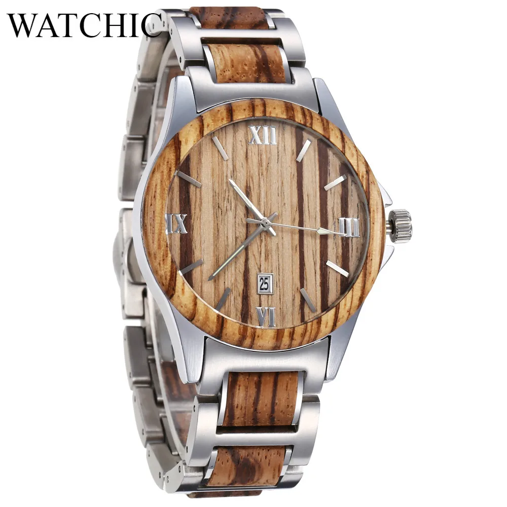 Минималистичный стиль ZebraWood нержавеющая сталь мужские деревянные часы Стальные