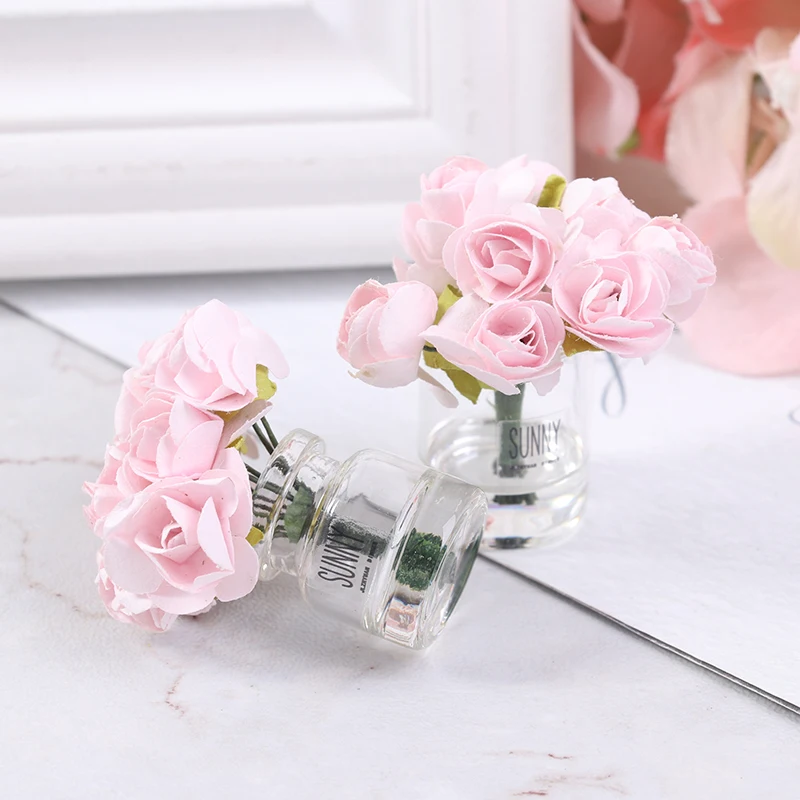 

1/12 Dollhouse Miniature Pink Rose Glass Bottle Flower Arrangement Home Decor