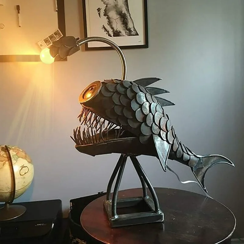 

Angler Fish Lamp Creative Rustic USB Fish Lamp Handmade Shark Lamp Unique Lamp Desk Ornaments Home Decor Father's Day Gifts