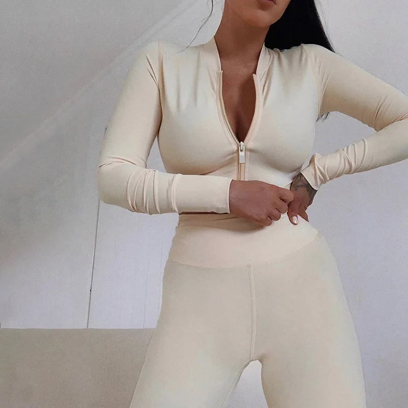 

Womens Yoga Gym Set Sportswear Long Sleeve Zipper Crop Top Leggings Suit for Fitness Workout Clothes Trousers Tracksuit Running