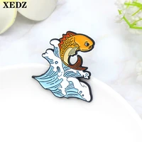 xedz leaping carp metal insignia blue waves red lucky fish good luck pin custom button brooch jewelry pin holiday gift for women