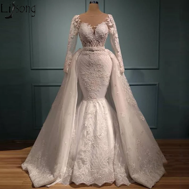 Великолепные Свадебные платья русалки со съемным шлейфом с прозрачной