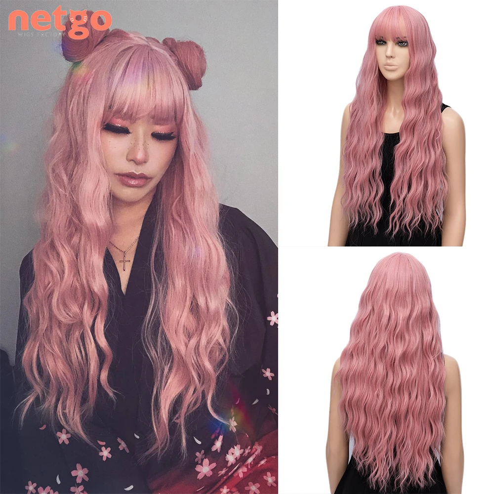 

Netgo Long Wavy Blonde Synthetic Wigs with Bangs Pink/Black wig Heat Resistant Fiber Wig for Women Cosplay Party Daily Use