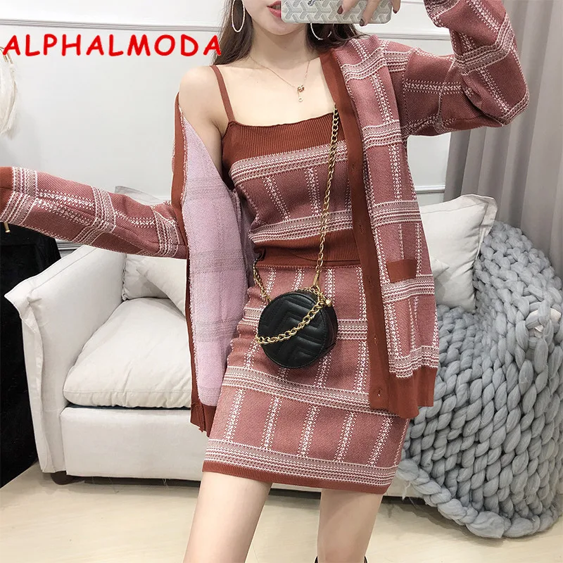 ALPHALMODA/2019 осенний женский топ на бретелях + Длинные кардиганы мини-юбка комплект