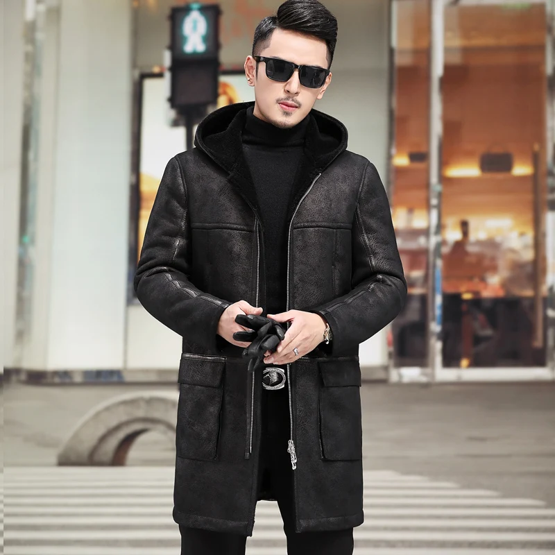 

Real Fur Coat Men Sheep Shearing Winter Coat Men Genuine Leather Jacket Men Natural Wool Coat Hooded Windbreaker 808 YY795