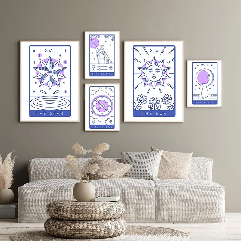 

Tarot Card Abstract Poster Queen Fool Lovers Wheel Canvas Painting Nordic Magician Card Blue Wall Art Picture Bedroom Decoration