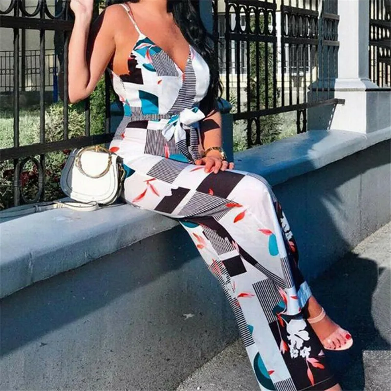 

Womens Holiday Long Playsuit Fashion Floral Printed Sleeveless Backless Ladies Jumpsuit Spaghetti Strap Summer Beach Jumpsuits