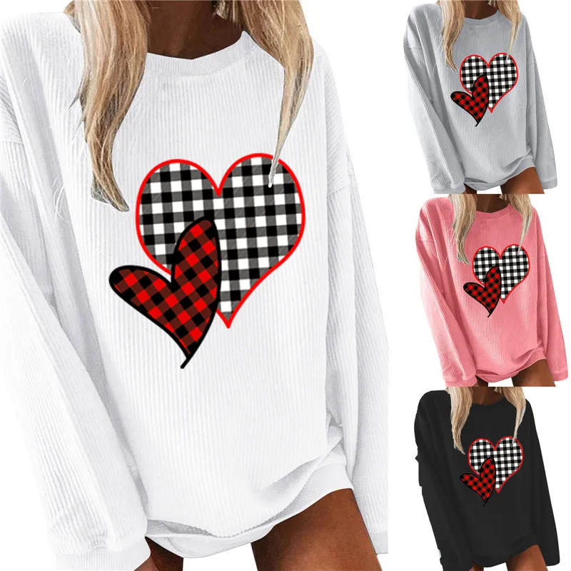 

Woman Valentine's Day Casual Oversize Hoodies Sweatshirts Pullover Spring Fall O-Neck Long Sleeve Plaid Heart Print Loose Tops