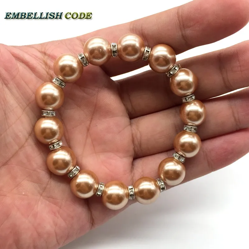 Elastic bracelet sea shell mother pearl Champagne color Luxury gold perfect round 12mm with 5.5mm Crystal Attractive fashion | Украшения и