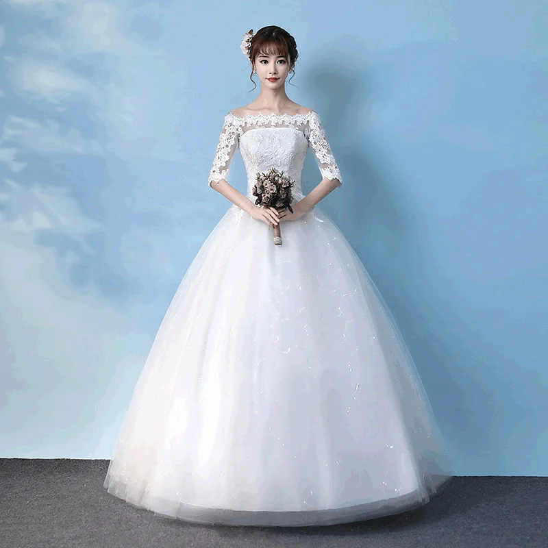 

Wedding Dress Spring Bridal Toast One Shoulder Long Mid Sleeve Wedding Dress Vintage Off White Belt