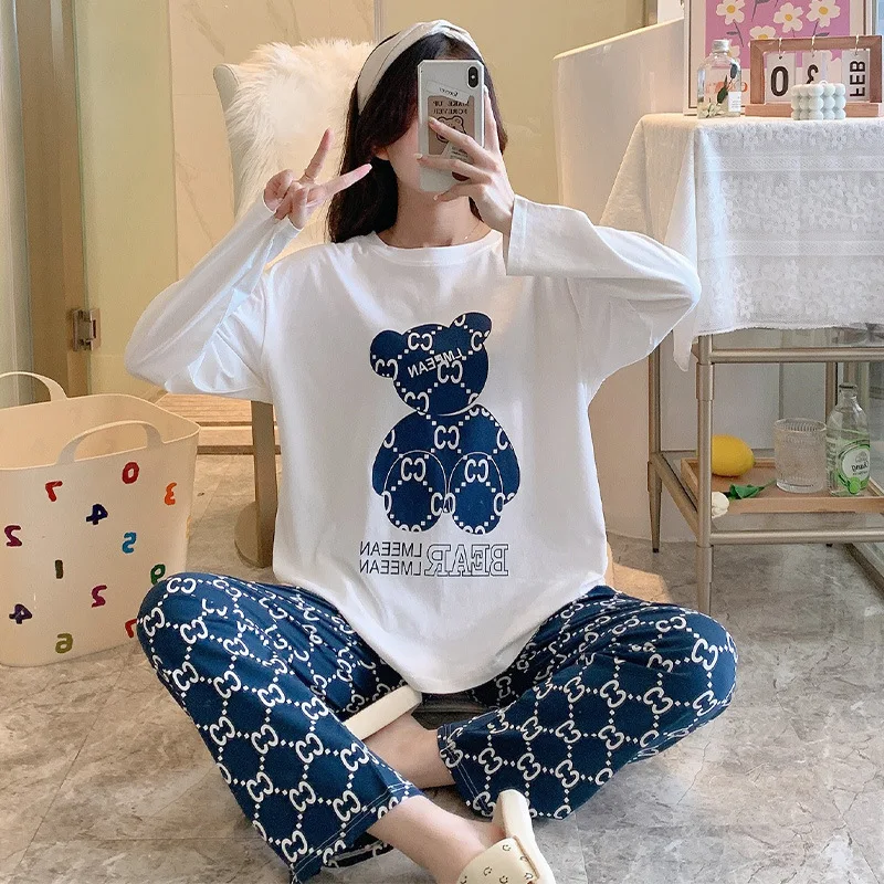 

Весенне-осенние женские пижамные комплекты, одежда для сна, хлопковые свободные топы с длинным рукавом и брюки, ночная рубашка, женская одежда для девушек с рисунком