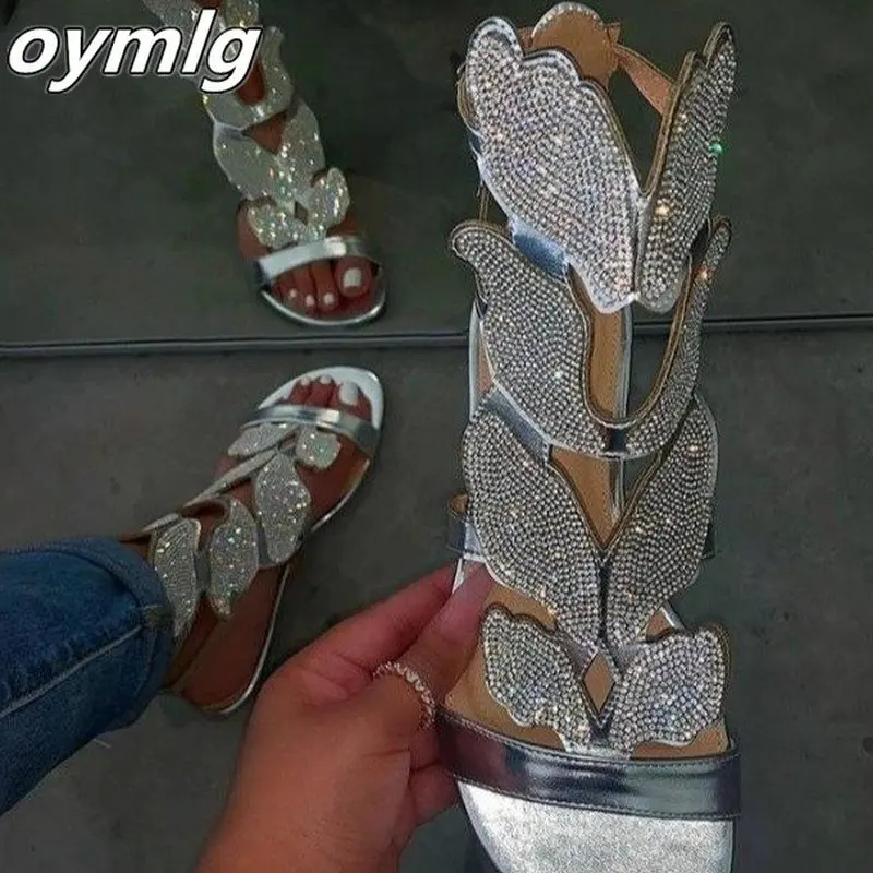 

2020 Woman Crystal Flat Sandals Ladies Open Toe Butterfly Buckle Shoes Woman Comfort Casual Fashion Sandals Female Summer