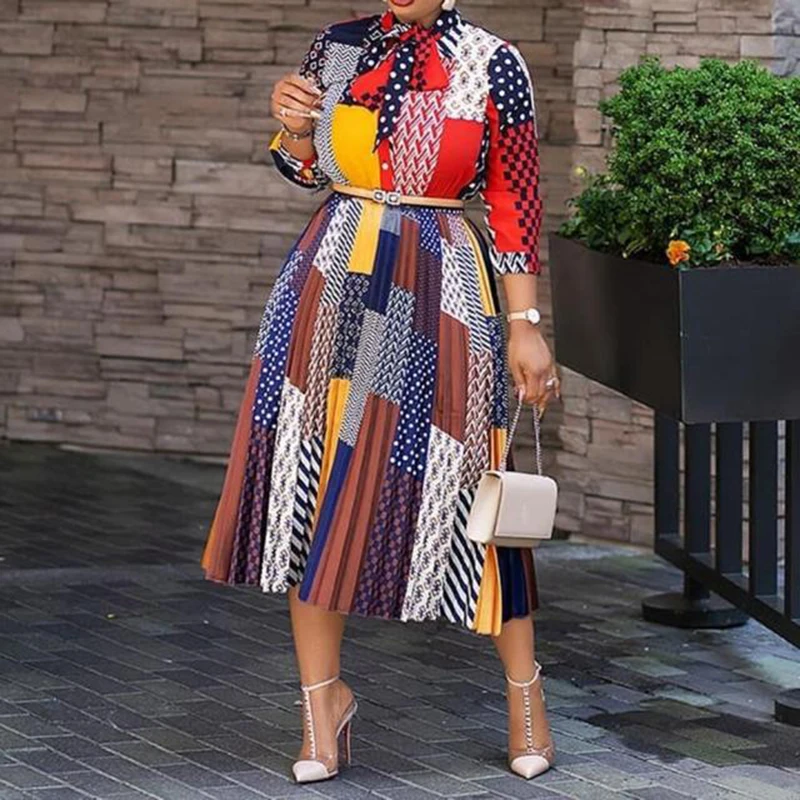 

Vintage Colorful Printed Pleated Skirt Elegant Tie O Neck Nine Points Sleeve Belt Dress Autumn Women Party Middle Length Dresses